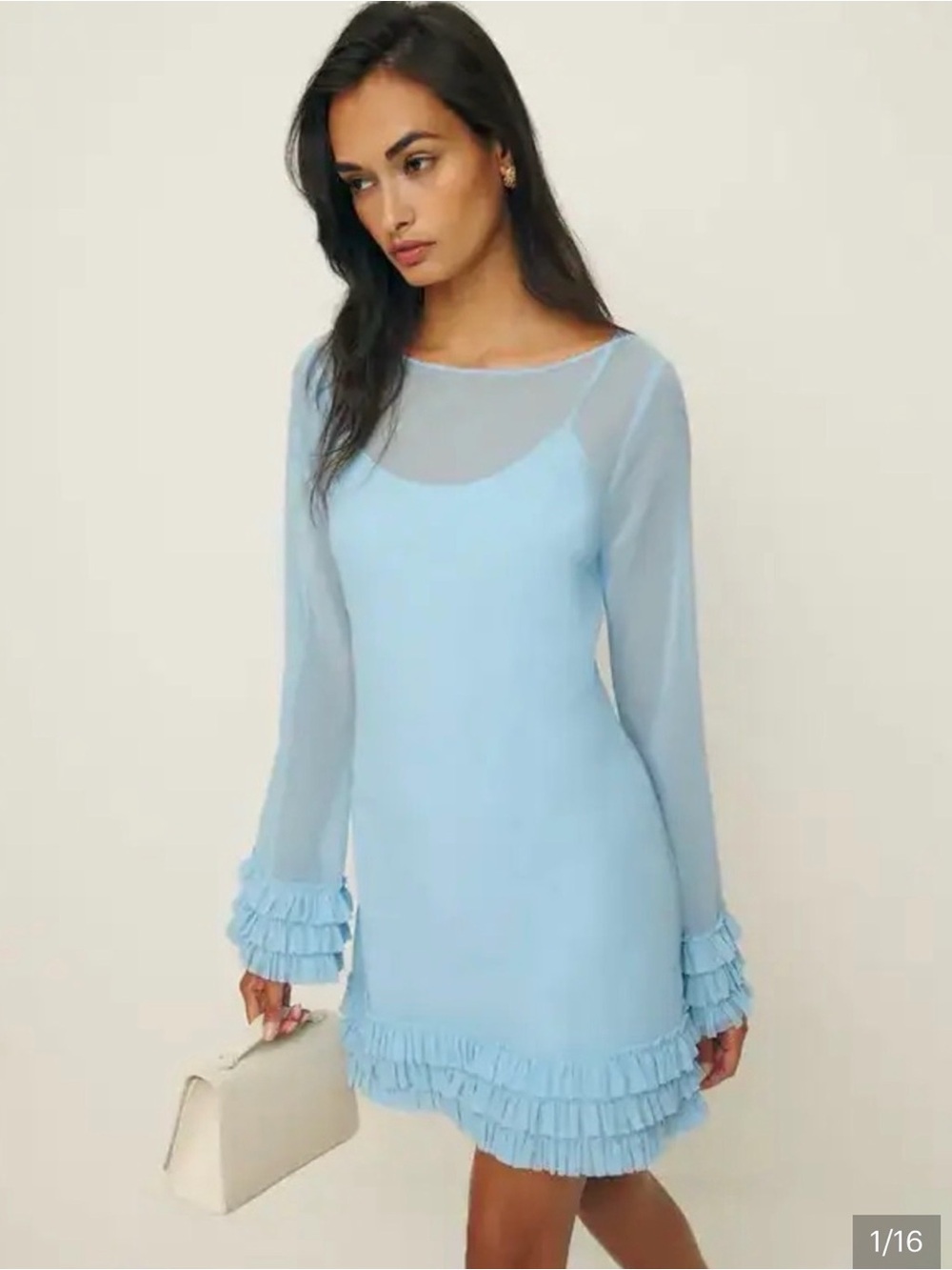 Reformation - Light Blue Ruffle Hem Long Sleeve Dress